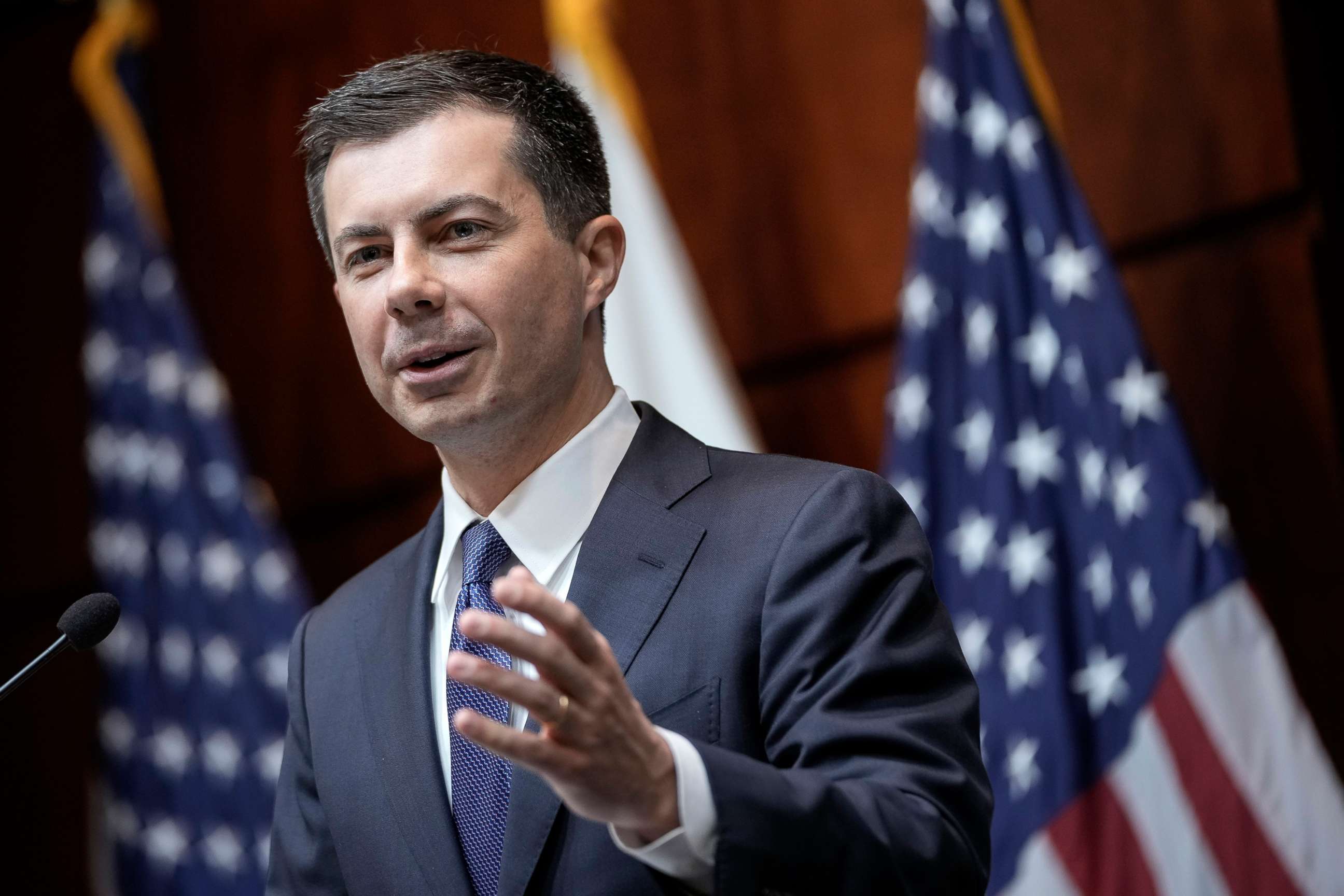 PHOTO: Secretary of Transportation Pete Buttigieg speaks during an event about fuel economy standards at the headquarters of the Department of Transportation, April 1, 2022, in Washington, D.C.