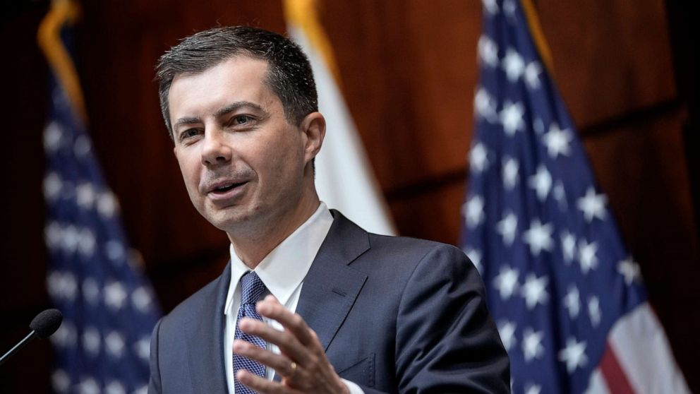 PHOTO: Secretary of Transportation Pete Buttigieg speaks during an event about fuel economy standards at the headquarters of the Department of Transportation, April 1, 2022, in Washington, D.C.