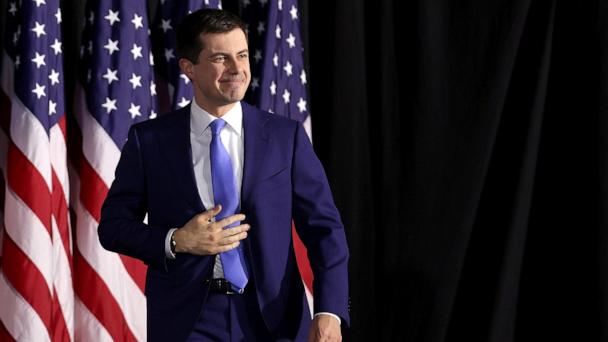 In this Feb. 3, 2020, file photo, Democratic presidential candidate former South Bend, Indiana Mayor Pete Buttigieg arrives at a watch party at Drake University in Des Moines, Iowa. 