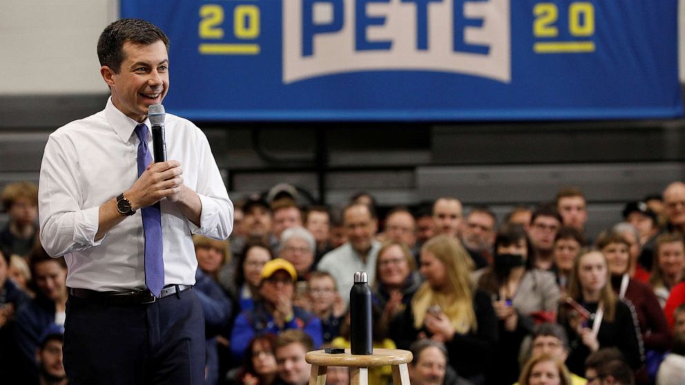 PHOTO: Democratic 2020 U.S. presidential candidate Pete Buttigieg speaks at a campaign town hall event at Salem High School in Salem, N.H., Feb. 9, 2020.