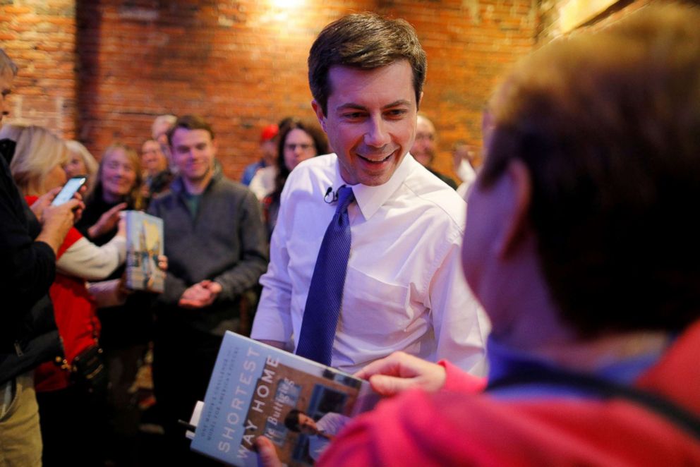 PHOTO: Democratic 2020 U.S. presidential candidate and South Bend Mayor Pete Buttigieg greets voters during a campaign stop at Portsmouth Gas Light in Portsmouth, New Hampshire, March 8, 2019.