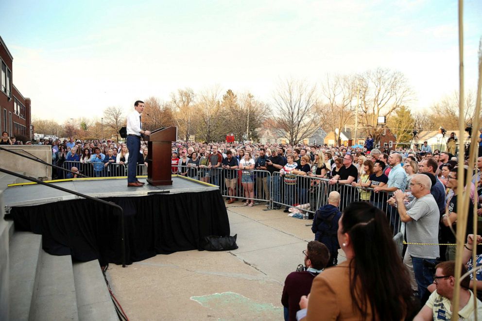 PHOTO: Democratic presidential candidate Pete Buttigieg speaks at a campaign event in Des Moines, Iowa, U.S., April 16, 2019.