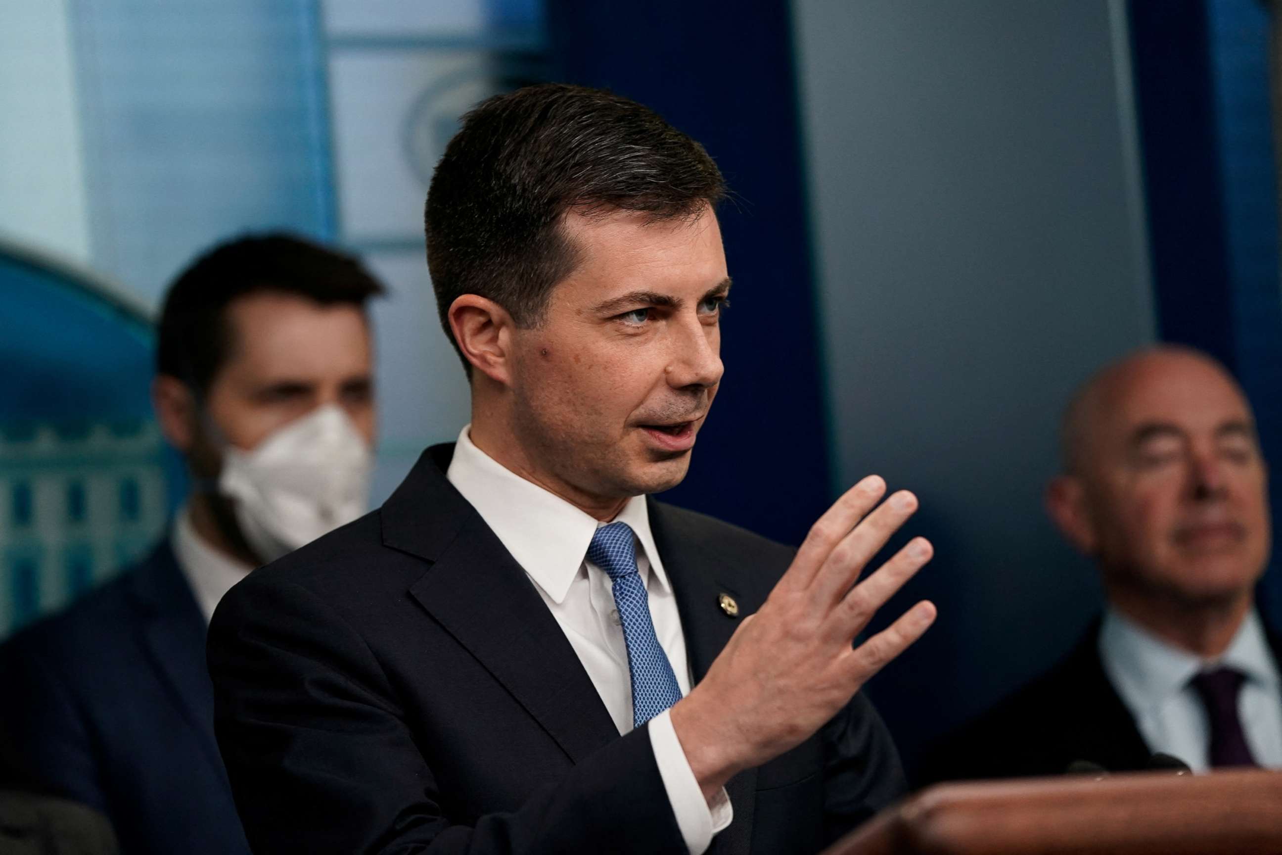 PHOTO: In this May 16, 2022, file photo, Secretary of the Transportation Pete Buttigieg speaks during a briefing about the bipartisan infrastructure law at the White House in Washington, D.C.