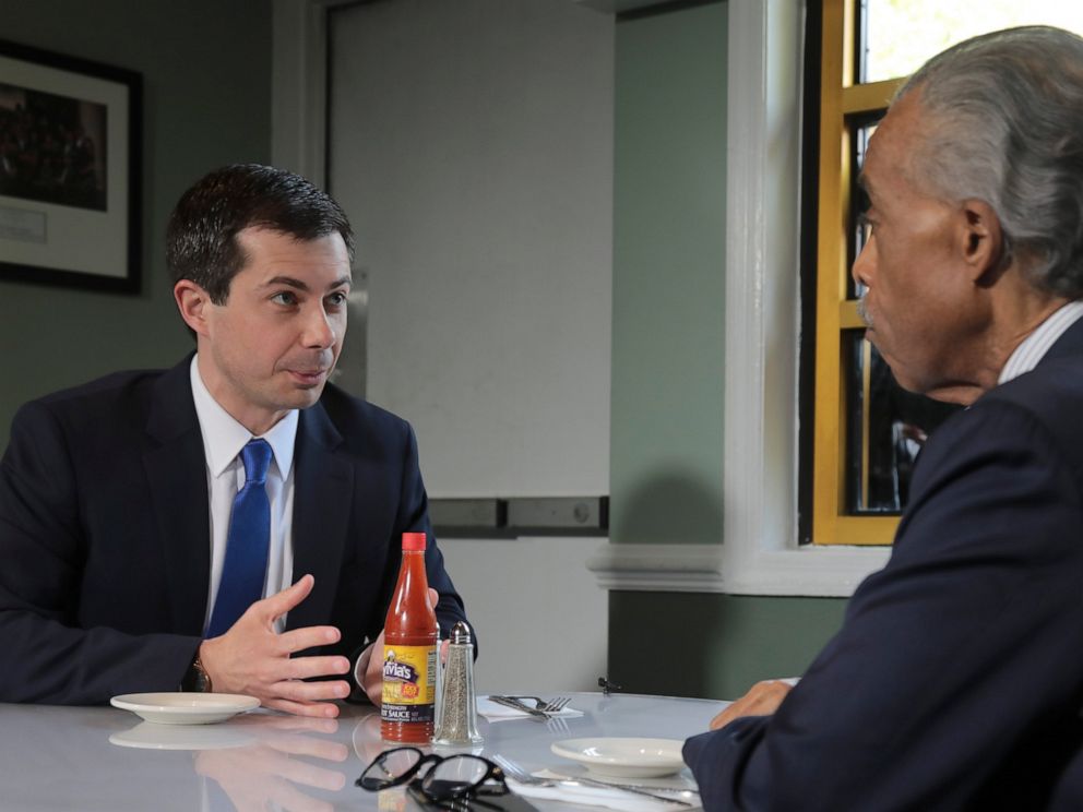 PHOTO: Democratic presidential candidate Mayor Pete Buttigieg, from South Bend, Indiana, and civil rights leader Rev. Al Sharpton, right, hold a lunch meeting at Sylvias Restaurant in Harlem, New York, Monday, April 29, 2019.