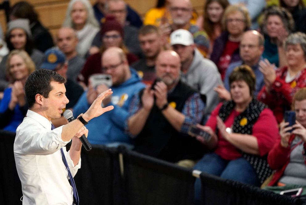 PHOTO: Democratic presidential candidate South Bend, Indiana Mayor Pete Buttigieg speaks at a campaign event, Dec. 8, 2019, at Washington Middle School in Washington, Iowa.