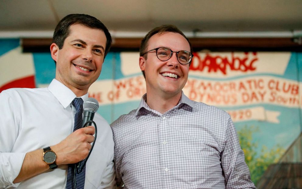 PHOTO: South Bend Mayor and Democratic presidential candidate Pete Buttigieg speaks beside husband Chasten Glezman at the West Side Democratic Club during a Dyngus Day celebration event, April 22, 2019, in South Bend, Indiana.