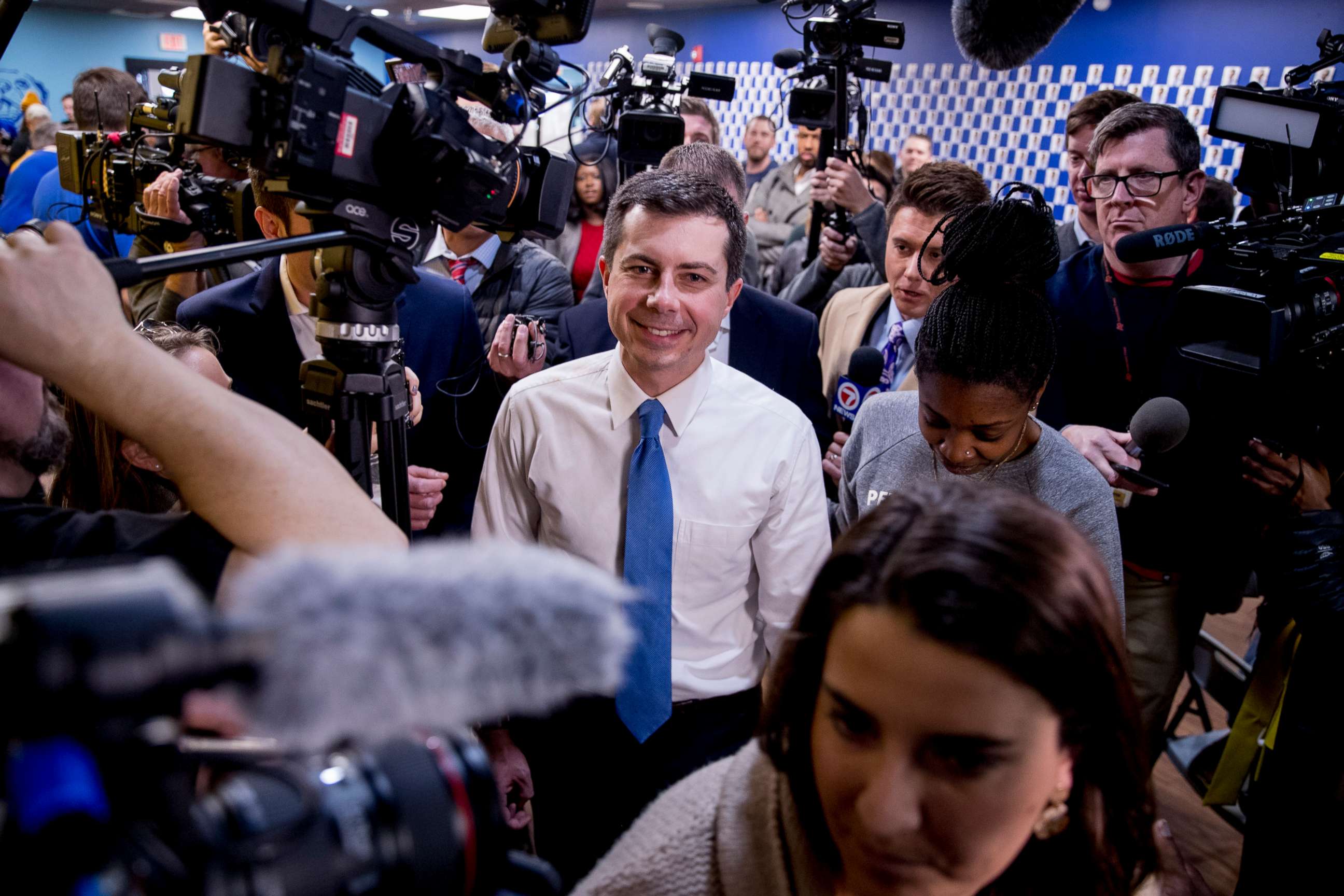 PHOTO: Democratic presidential candidate former South Bend, Ind., Mayor Pete Buttigieg visits a campaign office the day of the Iowa Caucus, Feb. 3, 2020, in West Des Moines, Iowa.