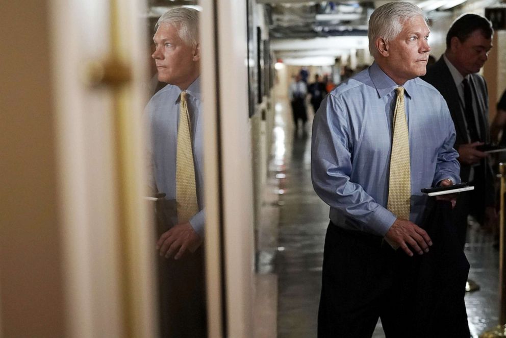 PHOTO: File photo - Rep. Pete Sessions speaks to members of the media as he arrives for a Republican conference meeting June 7, 2018 on Capitol Hill in Washington.