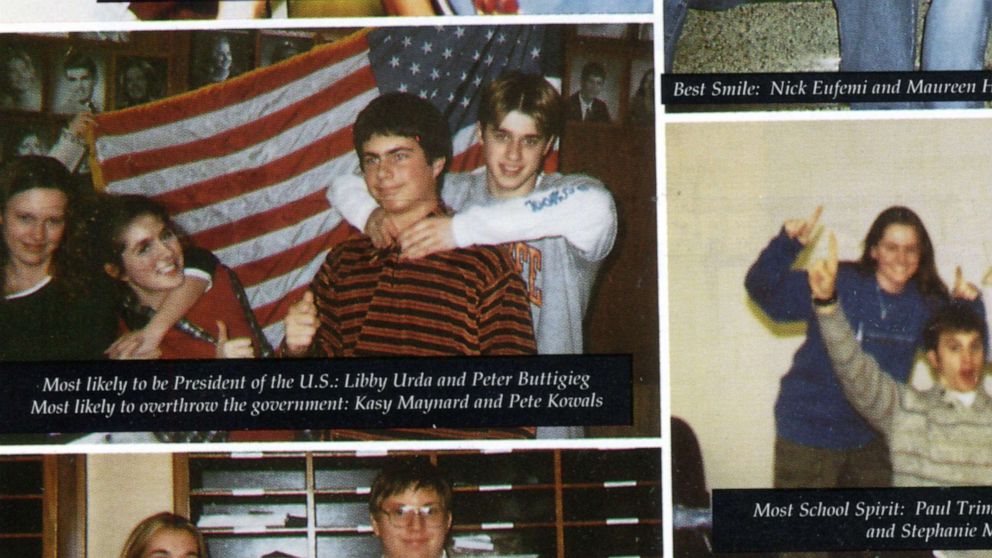 The Democratic presidential candidate South Bend, Indiana, mayor, Pete Buttigieg, is pictured on a page of the 2000 edition of the St. Joseph High School High School Yearbook. with a caption the caller. 