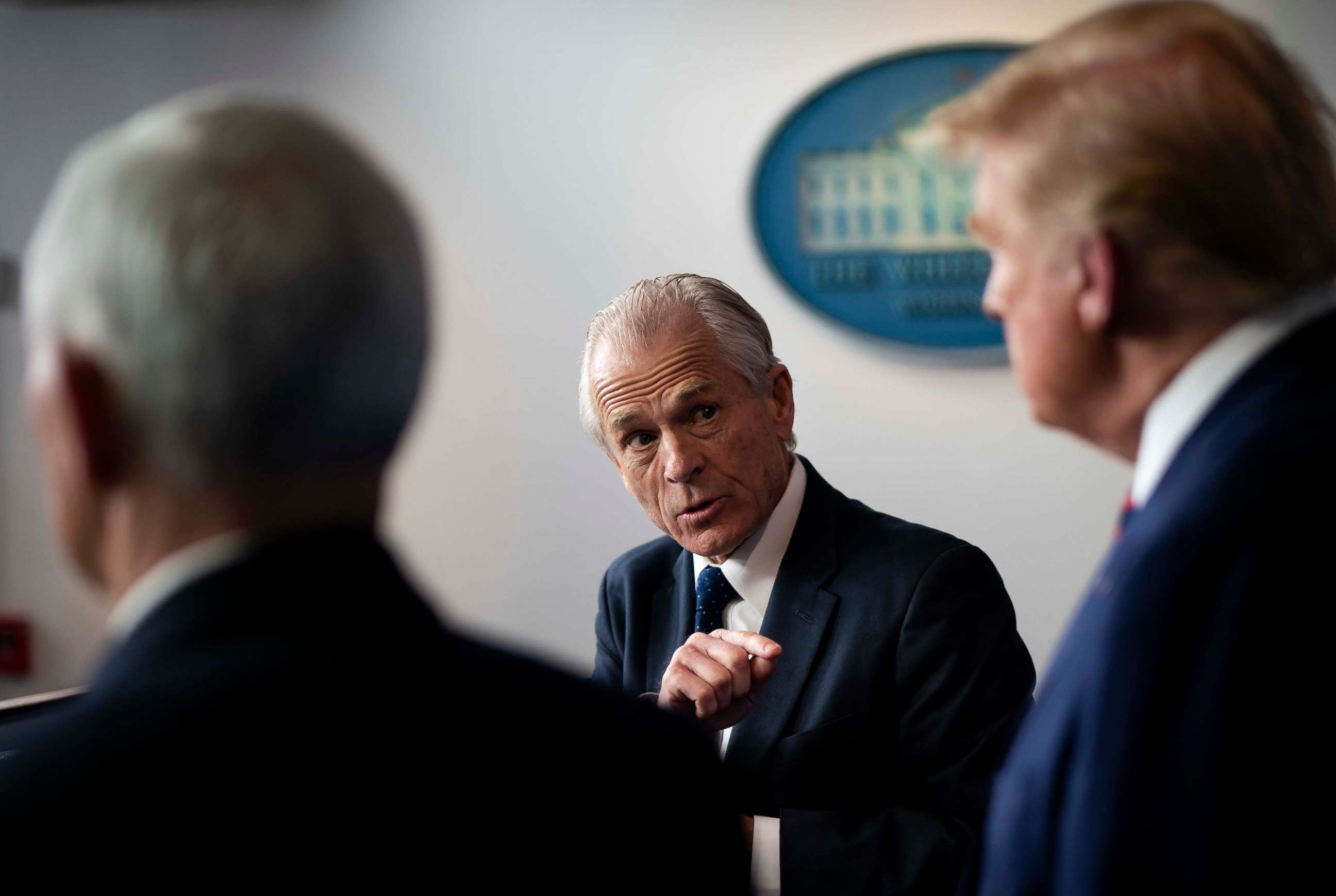 PHOTO: White House trade adviser Peter Navarro gestures while addressing a news conference about the coronavirus response with President Donald Trump, and Vice President Mike Pence, at the White House in Washington, April 2, 2020.
