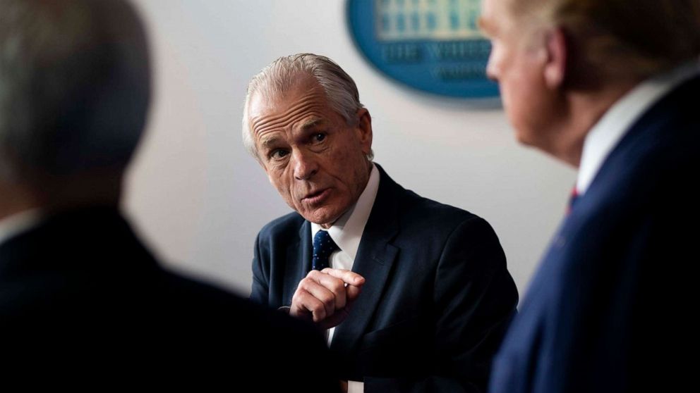PHOTO: White House trade adviser Peter Navarro gestures while addressing a news conference about the coronavirus response with President Donald Trump, and Vice President Mike Pence, at the White House in Washington, April 2, 2020.