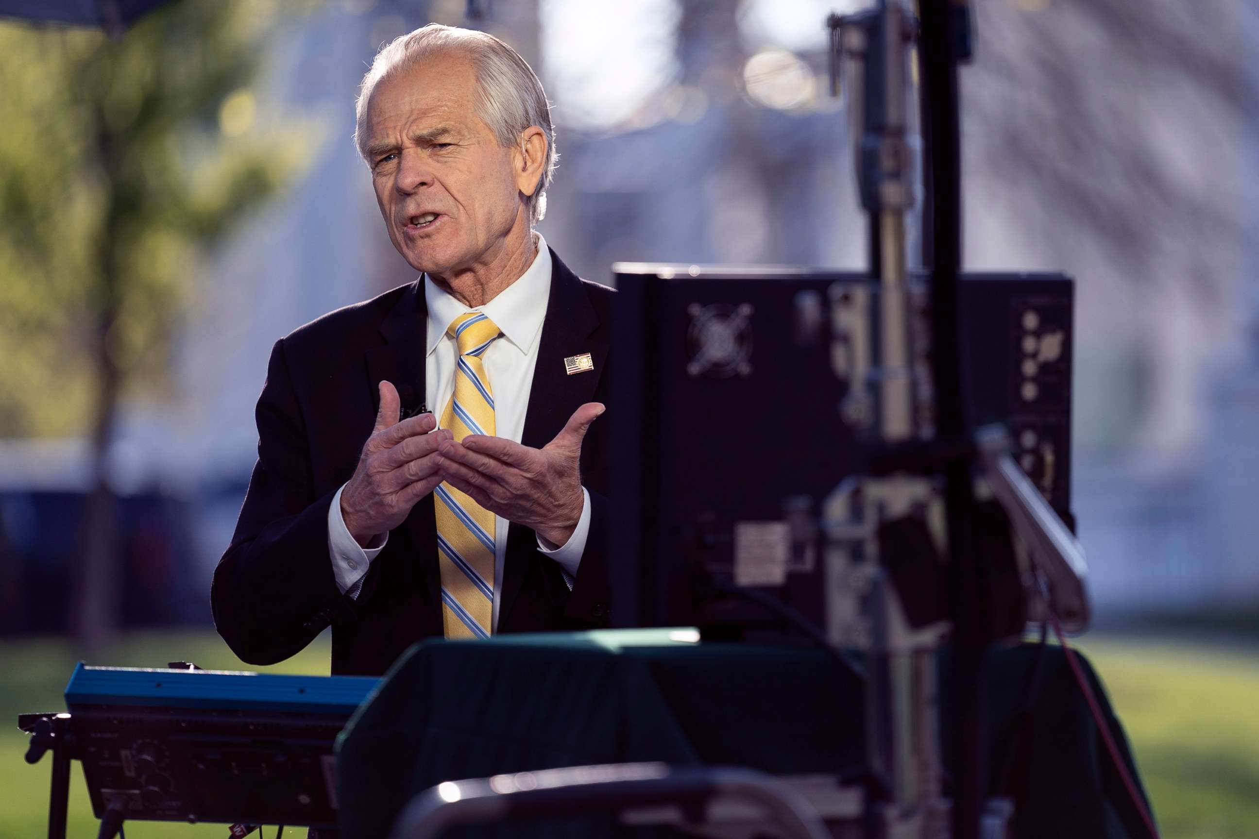PHOTO: White House trade adviser Peter Navarro speaks during an interview at the White House, April 6, 2020, in Washington.