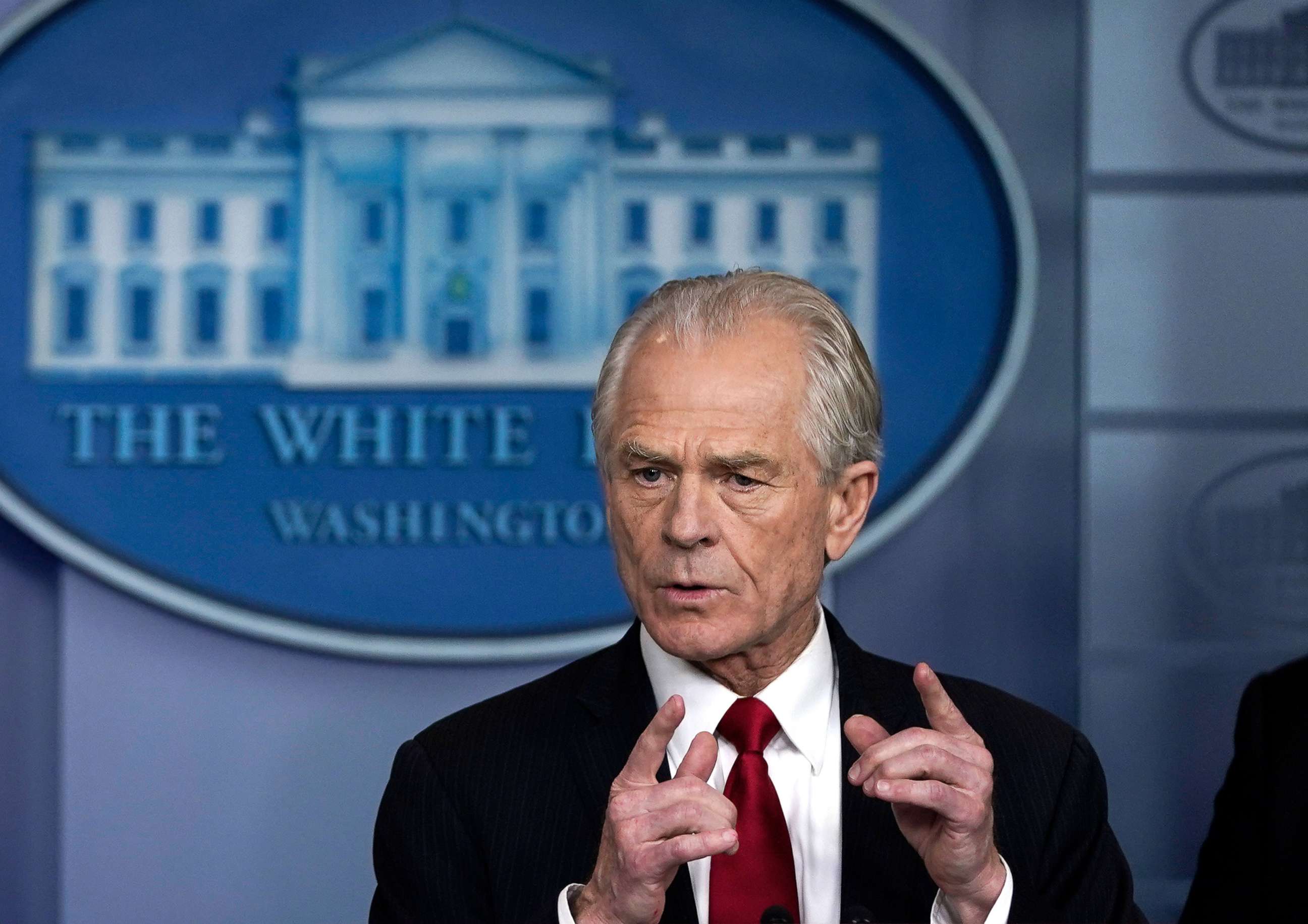 PHOTO: White House Trade and Manufacturing Policy Director Peter Navarro speaks during a briefing on the coronavirus pandemic in the press briefing room of the White House, March 27, 2020, in Washington, DC