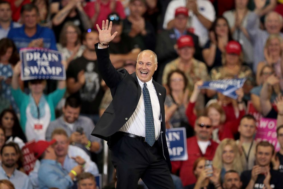 PHOTO: Pete Stauber, Republican candiate for the U.S. House in Minnesotas 8th District, waves to the crowd after being introduced by President Donald Trump during a campaign rally at the Amsoil Arena, June 20, 2018, in Duluth, Minn.