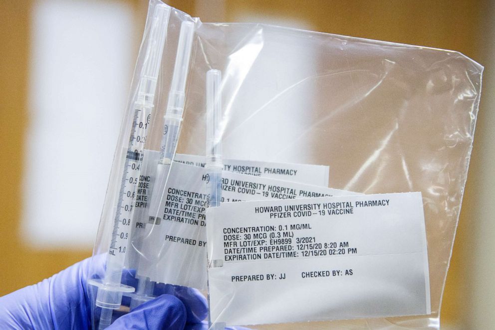 PHOTO: Medical staff at Howard University prepare Covid-19 Vaccination doses for Hospital Staff Members on Dec. 15, 2020, in Washington, D.C.