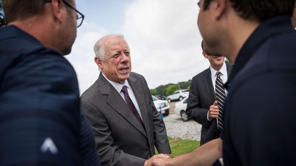 PHOTO: Democratic candidate for U.S. Senate and former governor of Tennessee Phil Bredesen greets employees at an event for a new Tyson Foods chicken processing plant, May 30, 2018 in Humboldt, Tenn.