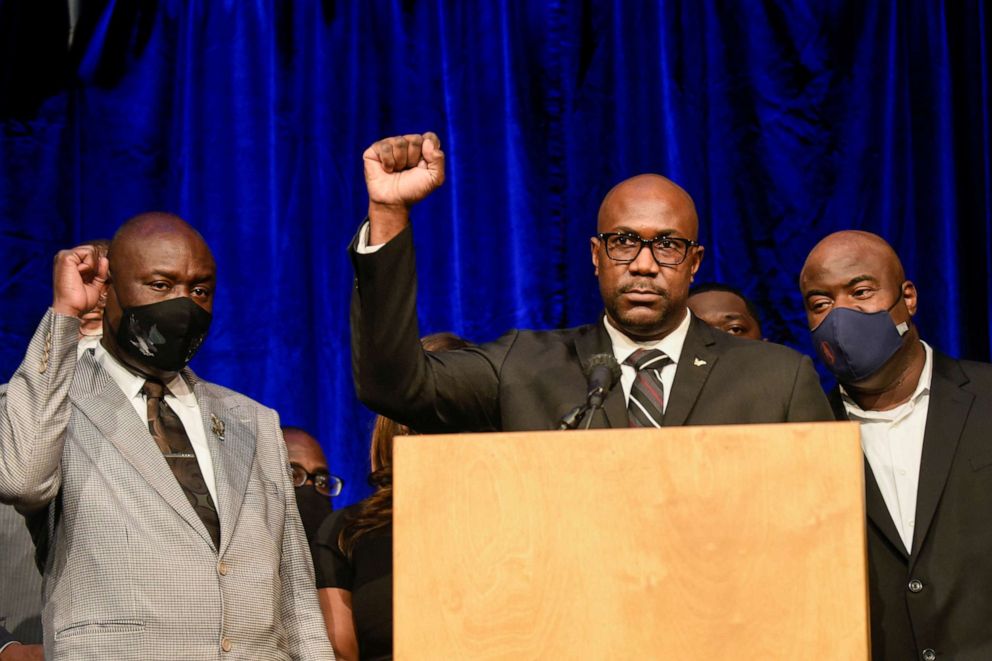 PHOTO: Philonise Floyd, George Floyd's brother, gestures as he addresses the media during a news conference announcing a $27 million dollar settlement with the City of Minneapolis at the Minneapolis Convention Center in Minneapolis, Minn., March 12, 2021.