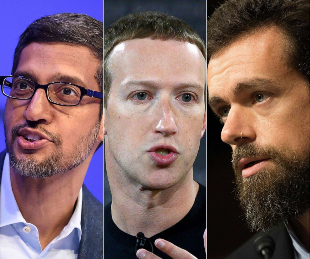This combination of file photos shows Alphabet CEO Sundar Pichai, Facebook founder Mark Zuckerberg and CEO of Twitter Jack Dorsey. They will testify before Congress on March 25, 2021.