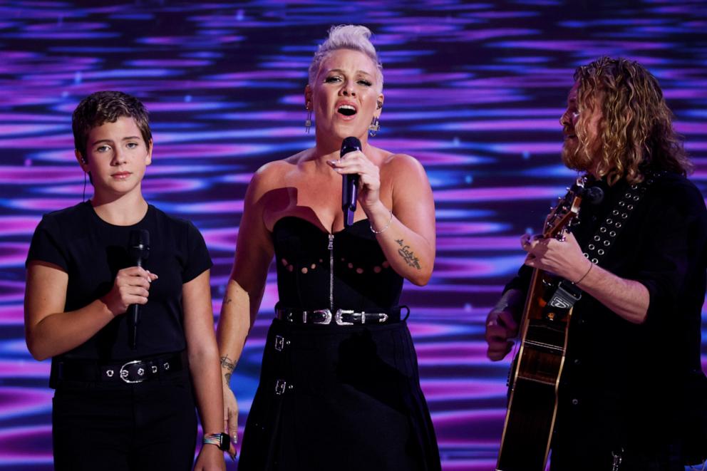 PHOTO: Willow Sage Hart, Pink and Justin Derrico perform on Day 4 of the Democratic National Convention at the United Center on Aug. 22, 2024 in Chicago.