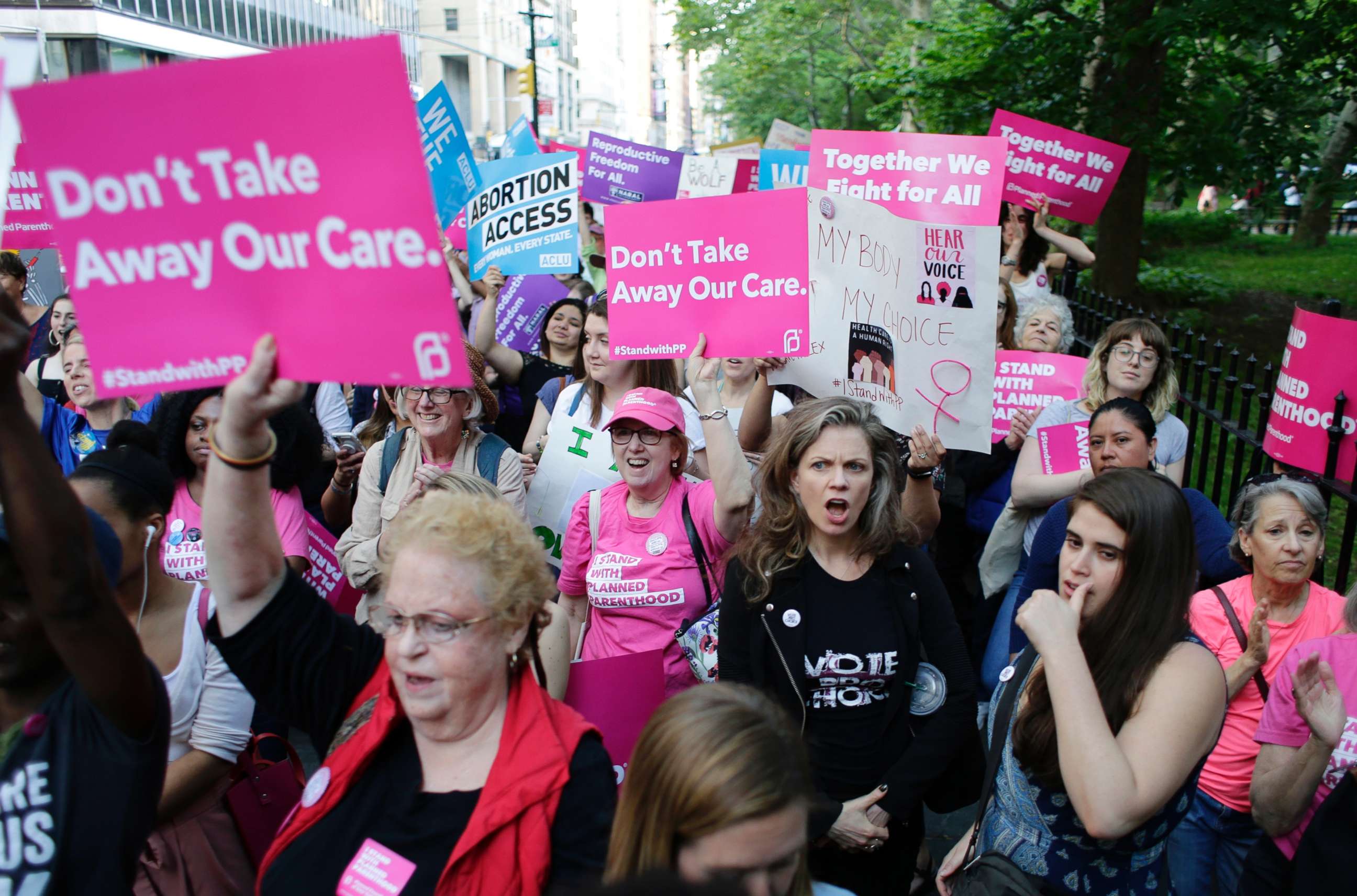 PHOTO: Supporters of Planned Parenthood react to speakers at a rally, May 24, 2018, in New York.
