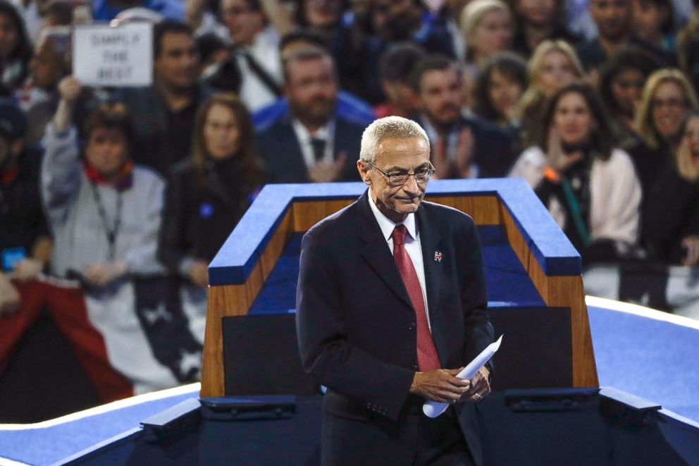 PHOTO: John Podesta, Hillary Clinton campaign chairman, walks off the stage after announcing that Clinton will not be making an appearance at Jacob Javits Center in New York as the votes were still being counted on election night, Nov. 9, 2016.