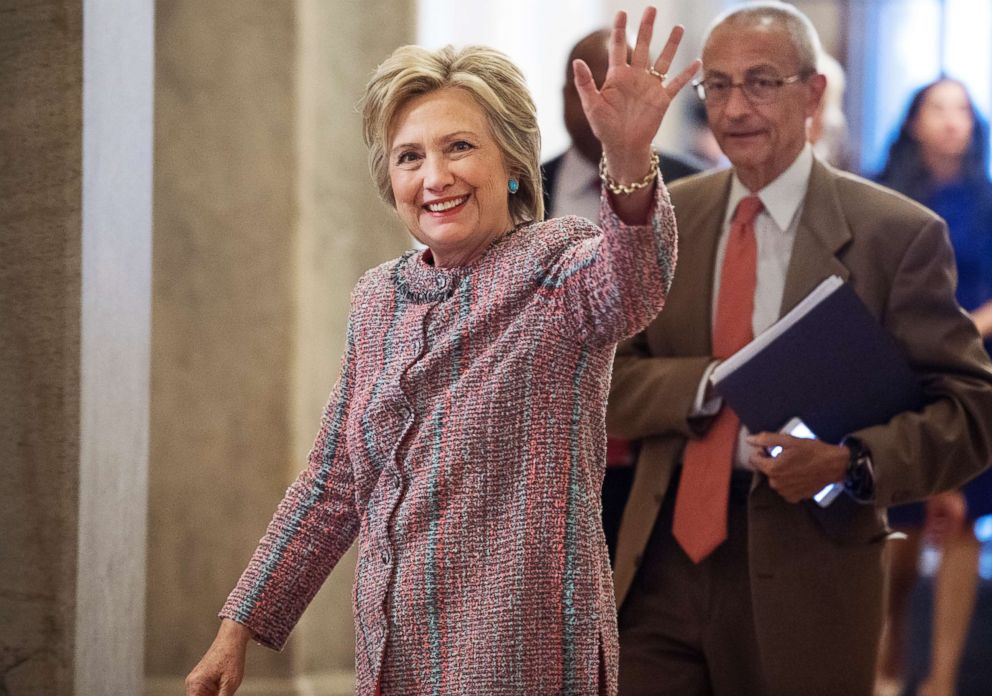 PHOTO: Presidential candidate Hillary Clinton and her campaign chairman, John Podesta, arrive in the Capitol to meet with Senate Democrats, July 14, 2016.