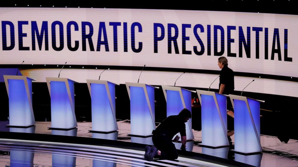 PHOTO: Crews prepare the stage for the second Democratic 2020 presidential candidates debate in Detroit, Mich., July 30, 2019.