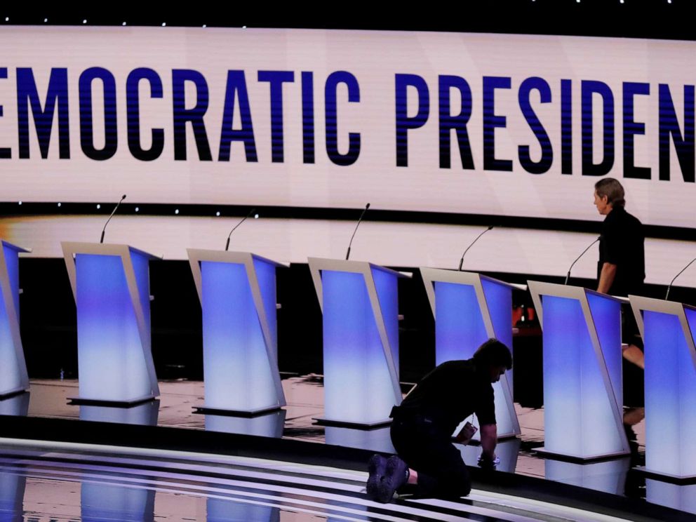 PHOTO: Crews prepare the stage for the second Democratic 2020 presidential candidates debate in Detroit, Mich., July 30, 2019.