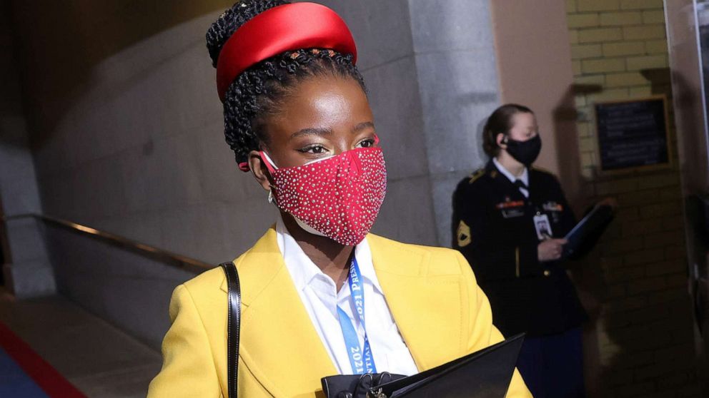 PHOTO: National youth poet laureate Amanda Gorman arrives at the inauguration of President-elect Joe Biden on the West Front of the U.S. Capitol, Jan. 20, 2021, in Washington, D.C. 