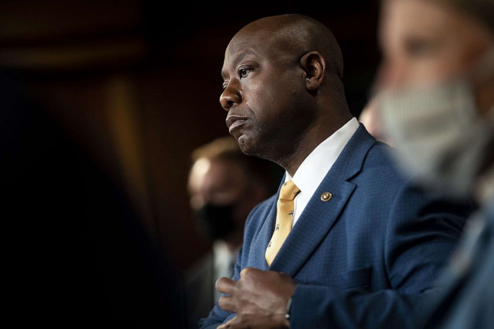 PHOTO: Senator Tim Scott, a Republican from South Carolina, listens during a news conference at the U.S. Capitol in Washington, June 17, 2020.s