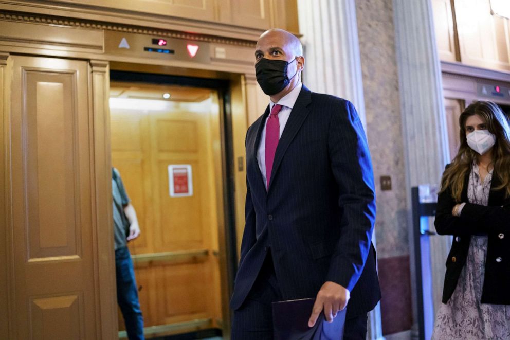 PHOTO: Sen. Cory Booker arrives at the Senate chamber at the Capitol in Washington, Wednesday, Sept. 22, 2021, after bipartisan congressional talks on overhauling policing practices ended without an agreement.