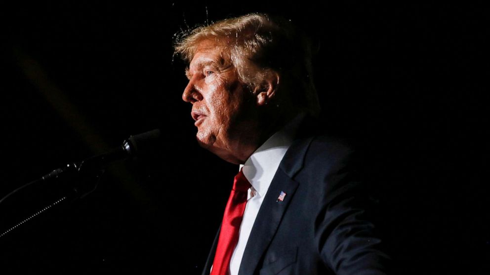 PHOTO: Former U.S. President Donald Trump reacts during his speech during a rally at the Iowa States Fairgrounds in Des Moines, Iowa, Oct. 9, 2021.