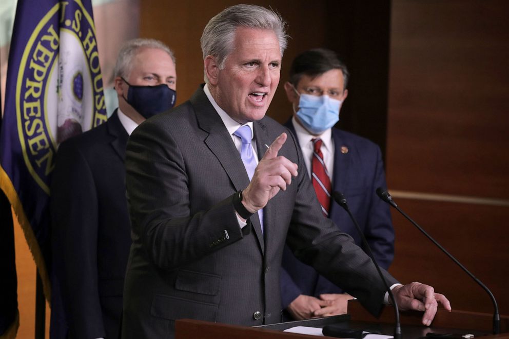 PHOTO: House Minority Leader Kevin McCarthy talks to reporters following House Republican conference leadership elections at the Capitol, Nov. 17, 2020.
