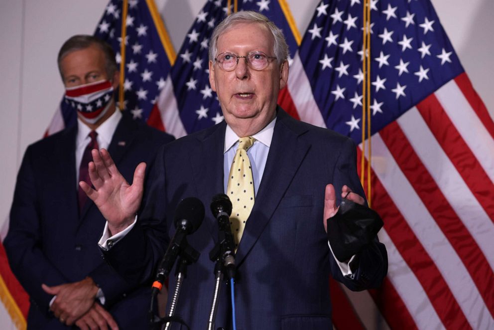 PHOTO: Senate Majority Leader Mitch McConnell speaks to members of the media on Capitol Hill in Washington, Sept. 9, 2020.  