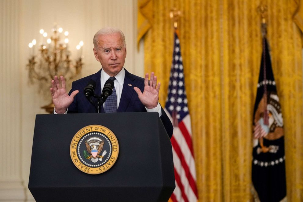 PHOTO: President Joe Biden speaks about the situation in Afghanistan in the East Room of the White House on Aug. 26, 2021.