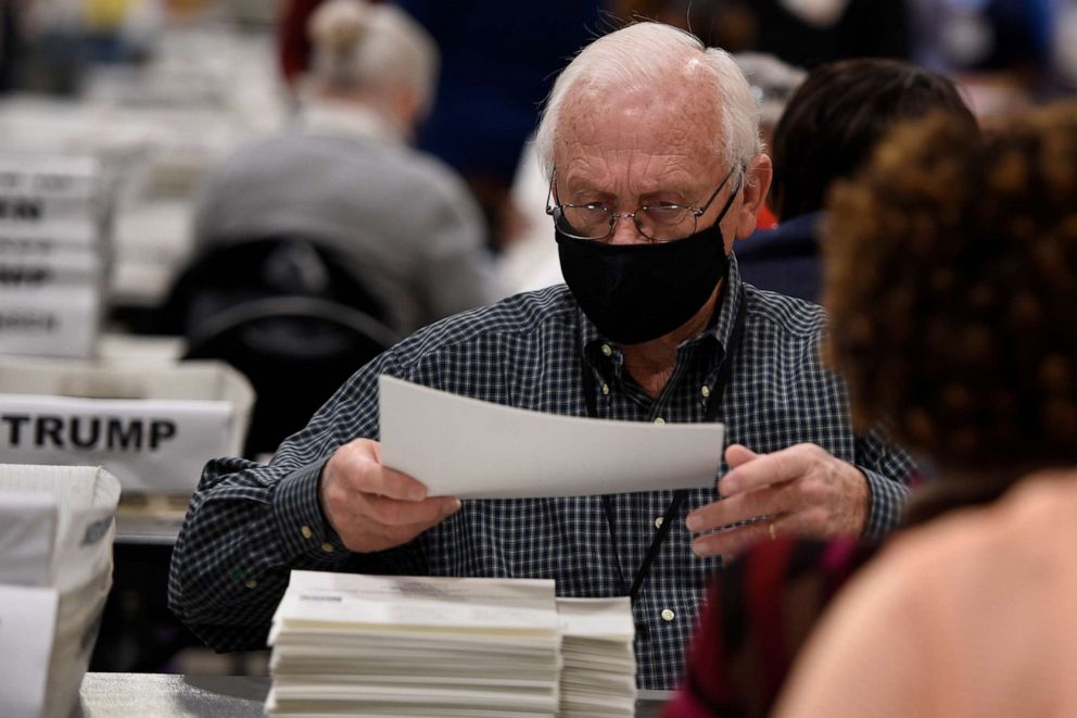 PHOTO: Cobb County Election officials handle ballots during an audit, Nov. 16, 2020, in Marietta, Ga. 