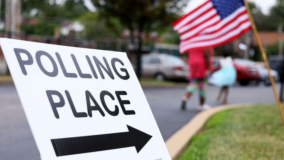 PHOTO: A "Polling Place" sign is seen during Primary Election Day at Barack Obama Elementary School, Aug. 2, 2022, in St Louis, Missouri.