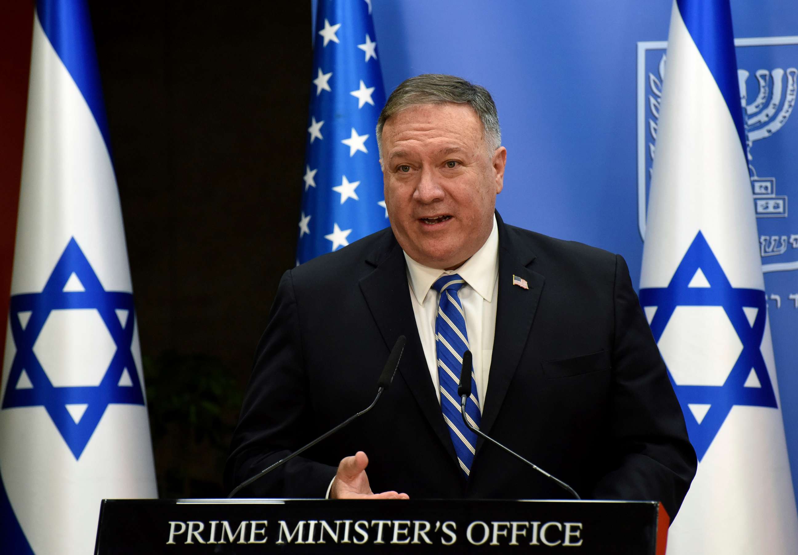 PHOTO: Secretary of State Mike Pompeo speaks during a joint statement to the press with Israeli Prime Minister Benjamin Netanyahu after their meeting, in Jerusalem, Aug. 24, 2020.
