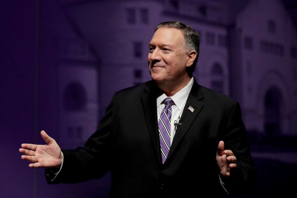 PHOTO: Secretary of State Mike Pompeo answers a question from an audience member after giving a speech at the London Lecture series at Kansas State University Friday, Sept. 6, 2019, in Manhattan, Kan.