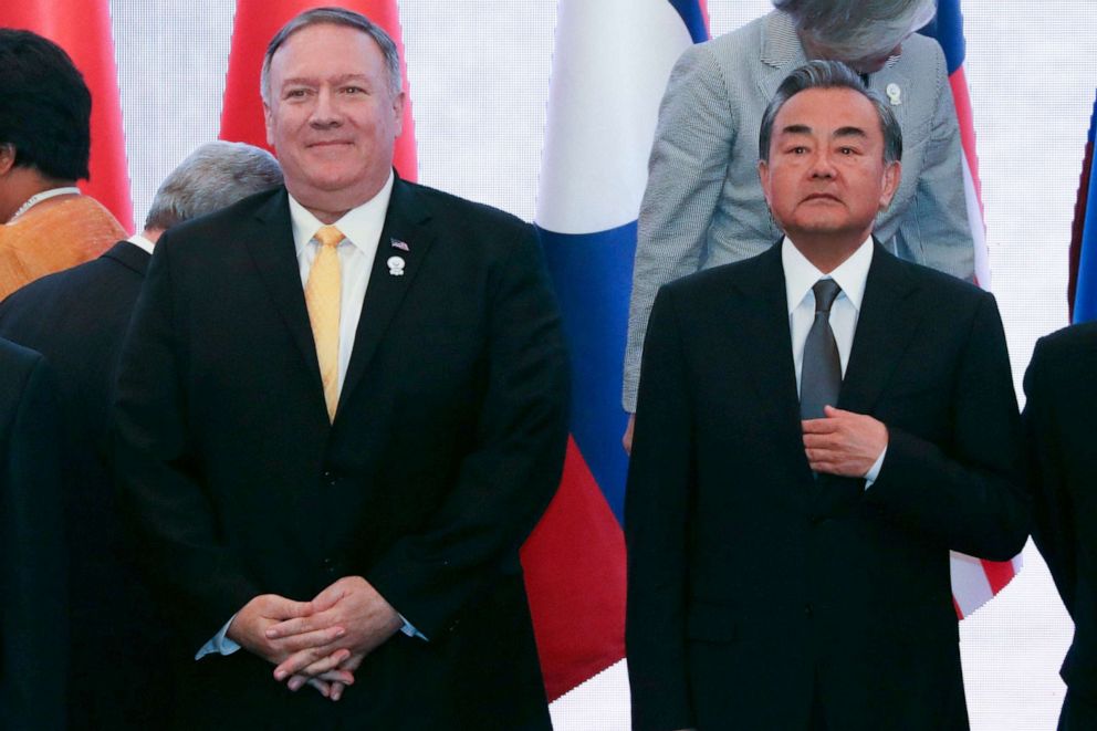 PHOTO: US Secretary of State Mike Pompeo stands next to China's Foreign Minister Wang Yi during the 26th Association of Southeast Asian Nations (ASEAN) Regional Forum (ARF) in Bangkok on August 2, 2019.