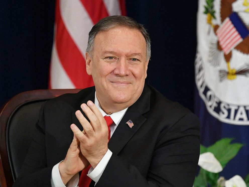 PHOTO: US Secretary of State Mike Pompeo applauds before giving a speech at the Heroes of US Diplomacy launch event at the State Department in Washington, DC on September 13, 2019.