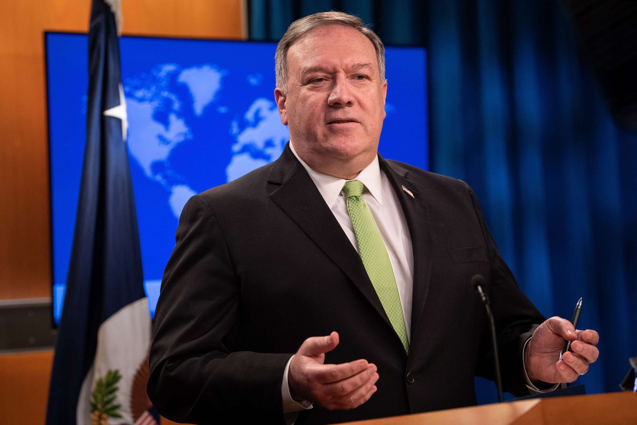 PHOTO: Mike Pompeo speaks the press at the State Department in Washington, DC, on May 20, 2020.
