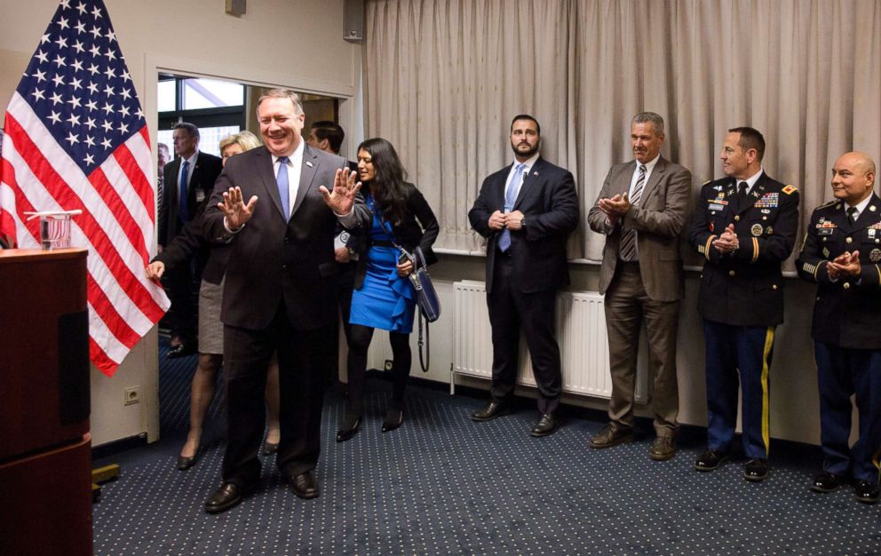 PHOTO: Secretary of State Mike Pompeo, center, arrives to greet members of the US Mission to NATO at NATO headquarters in Brussels, April 27, 2018. 