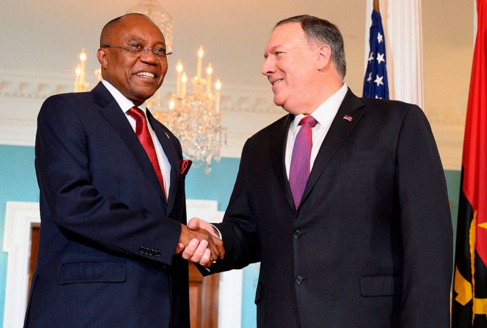 PHOTO: Angolan Foreign Minister Manuel Domingos Augusto shakes hands with Secretary of State Mike Pompeo at the US Department of State in Washington, D.C., Aug. 19, 2019. 