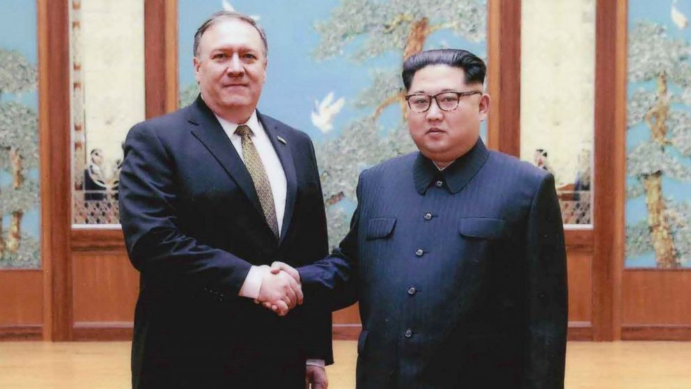 PHOTO: CIA director Mike Pompeo shakes hands with North Korean leader Kim Jong Un in this undated image in Pyongyang, North Korea.