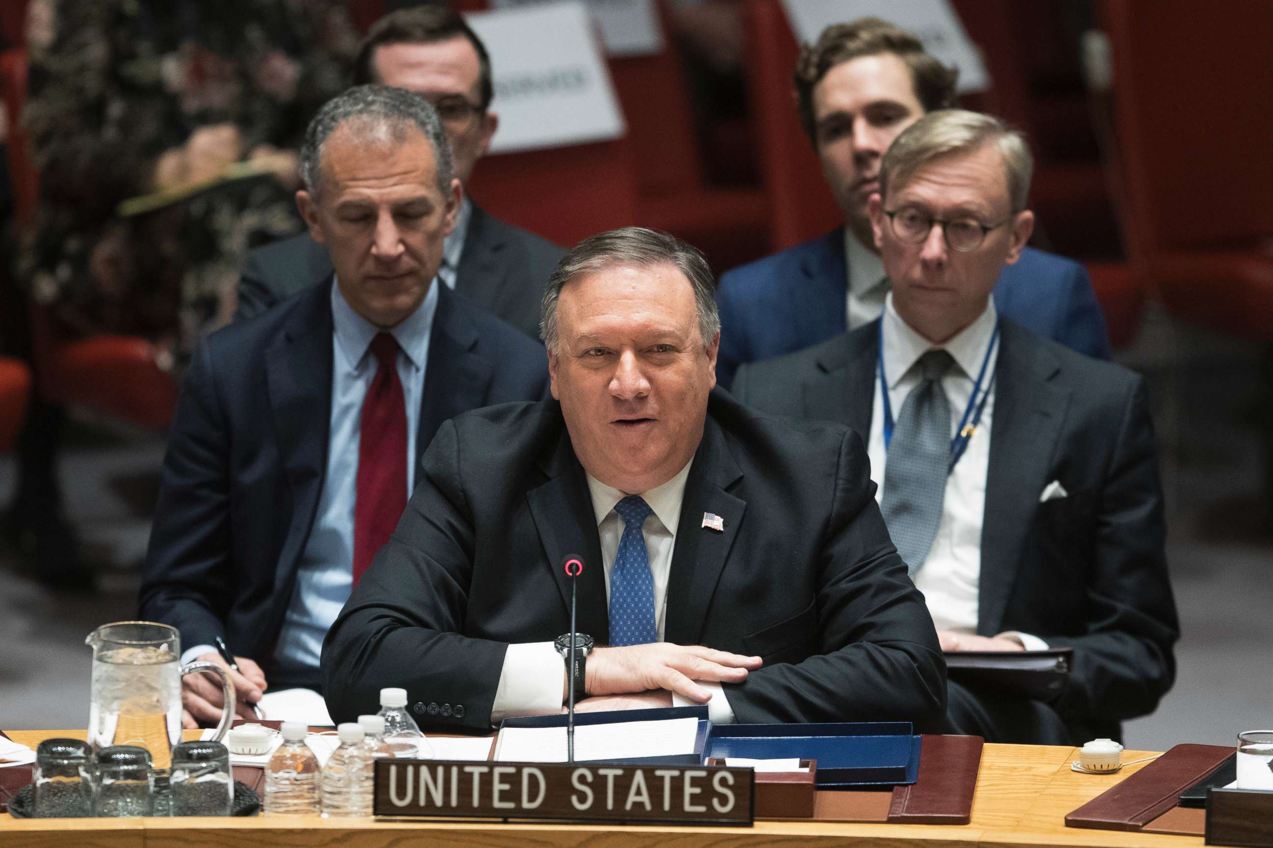 PHOTO: Secretary of State Mike Pompeo speaks during a Security Council meeting on Iran's compliance with the 2015 nuclear agreement, Dec. 12, 2018, at United Nations headquarters in New York. 