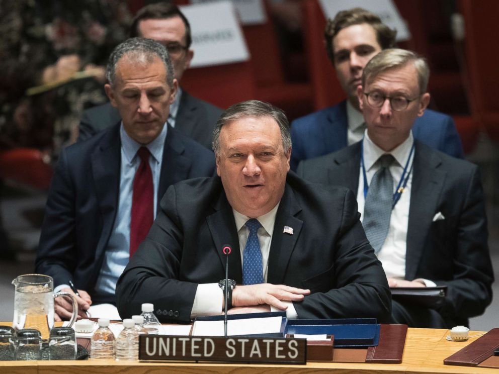 PHOTO: Secretary of State Mike Pompeo speaks during a Security Council meeting on Irans compliance with the 2015 nuclear agreement, Dec. 12, 2018, at United Nations headquarters in New York. 