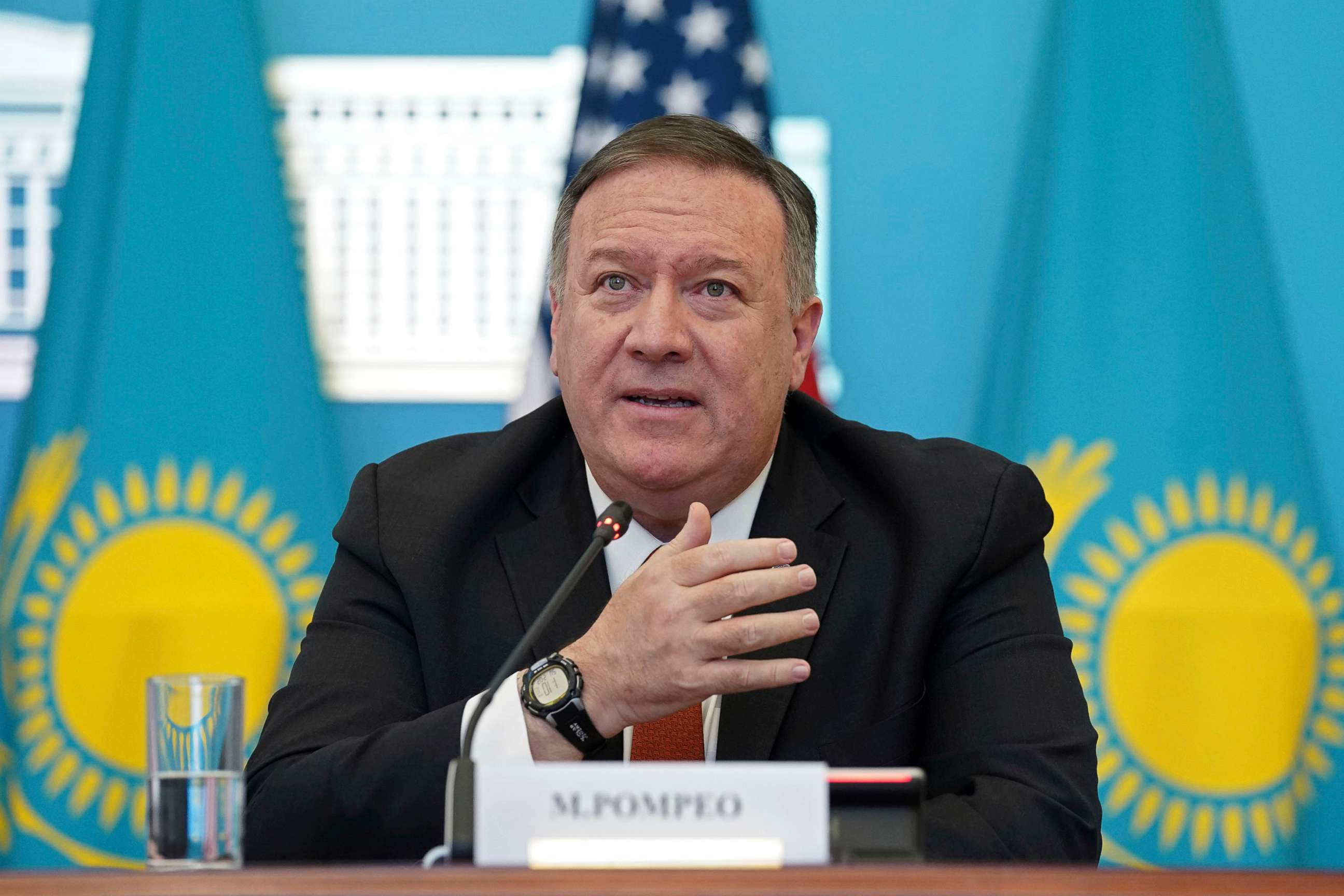 PHOTO: Secretary of State Mike Pompeo holds a joint news conference with Kazakh Foreign Minister Mukhtar Tleuberdi at the Ministry of Foreign Affairs in Nur-Sultan, Kazakhstan, Feb. 2, 2020.