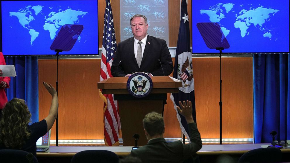 PHOTO: Secretary of State Mike Pompeo speaks during a news conference at the State Department in Washington, July 8, 2020.