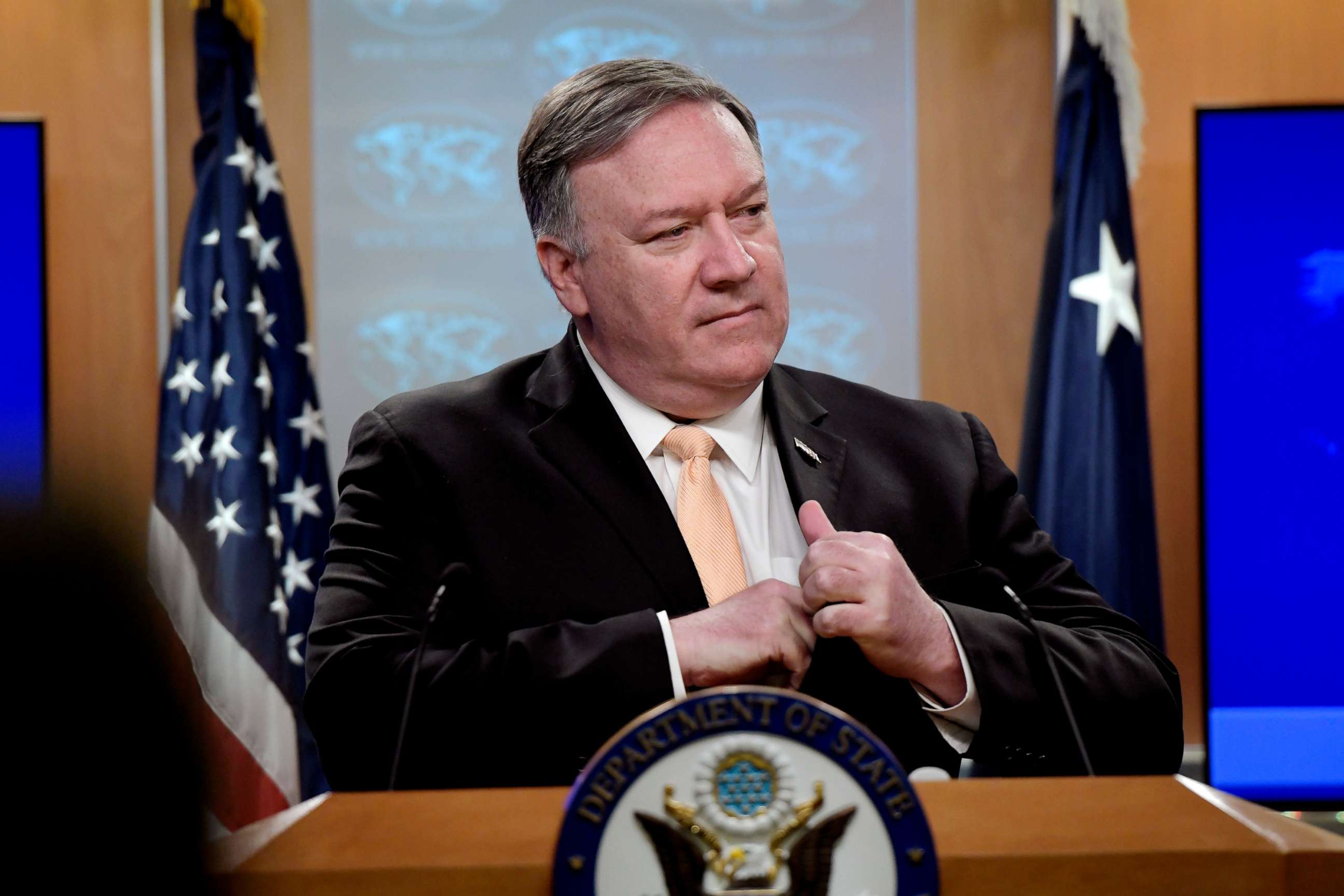 PHOTO: Secretary of State Mike Pompeo speaks during a news conference, April 22, 2019, at the Department of State in Washington, D.C.